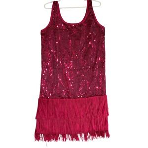 VTG Serious Fun Sequin Flapper Dress Pink Fringe Sleeveless Costume Party Medium